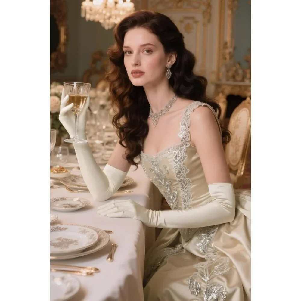 Women's Champagne Vintage Satin Long Gloves Party Costume Stretchy Elbow Length